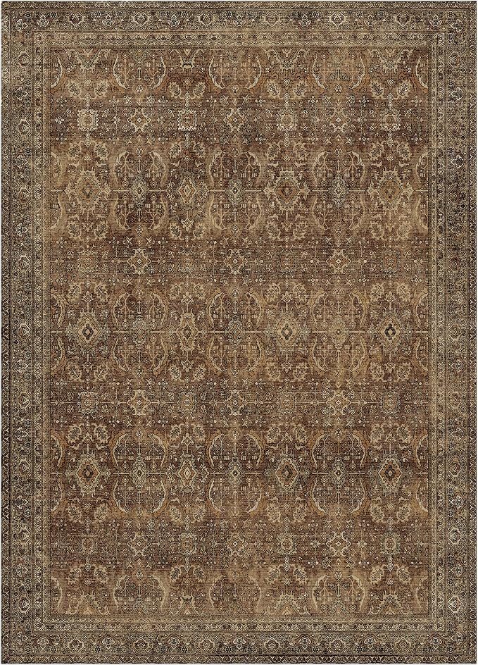 BESBLEE 9X12 Area Rugs Machine Washable Rugs for Living Room, Vintage Boho Large Rugs for Bedroom Dining Room, Non Slip Indoor Soft Distressed Lightweight Thin Low Pile Carpet, Rustic Brown