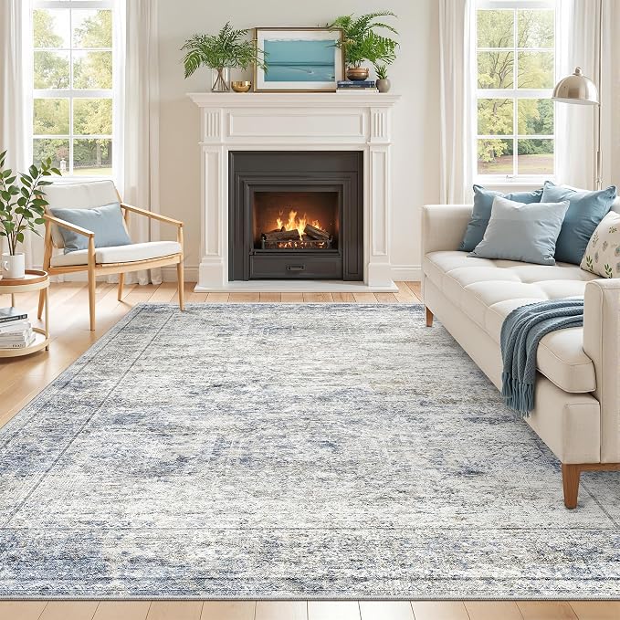 5x7 Area Rugs for Living Room,Large Washable Rug,Blue | Rugs for Bedroom,Dining Room,Office,Low Pile,Soft, Neutral Rug,Stain Resistant Indoor Carpet,Non Slip,Home Decor