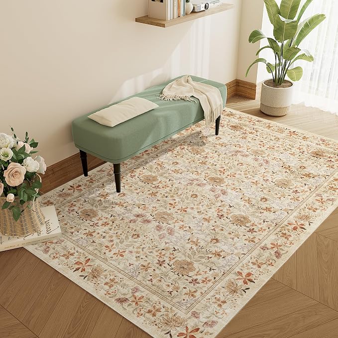 DUKINO 3x5 Rug, Washable Vintage Floral Bedroom Area Rug Non Slip, Beige | Low Pile, Non-Shedding, Aesthetic Lightweight Soft Indoor Small Carpet for Bathroom Entryway Living Room Office Farmhouse