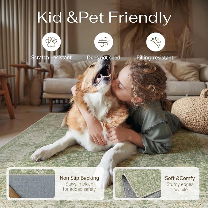 5x7 Green Washable Area Rug Non Slip Retro Distressed Carpet | Soft Low Pile, Lightweight Foldable, Pet Friendly, Living Room, Bedroom, Dining Room, Classroom, Playroom