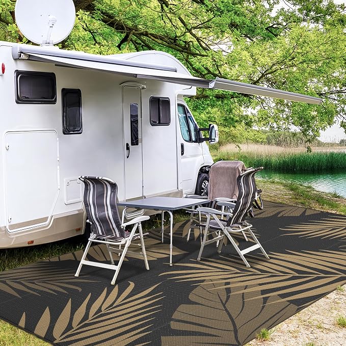 GENIMO Outdoor Rug, Waterproof Plastic Rugs 8'x16' for Camping Black Brown | Outside Larger Leaf Carpet Mat for Patio Decor, RV, Porch, Camper, Deck, Picnic, Beach, Backyard, Reversible, Foldable