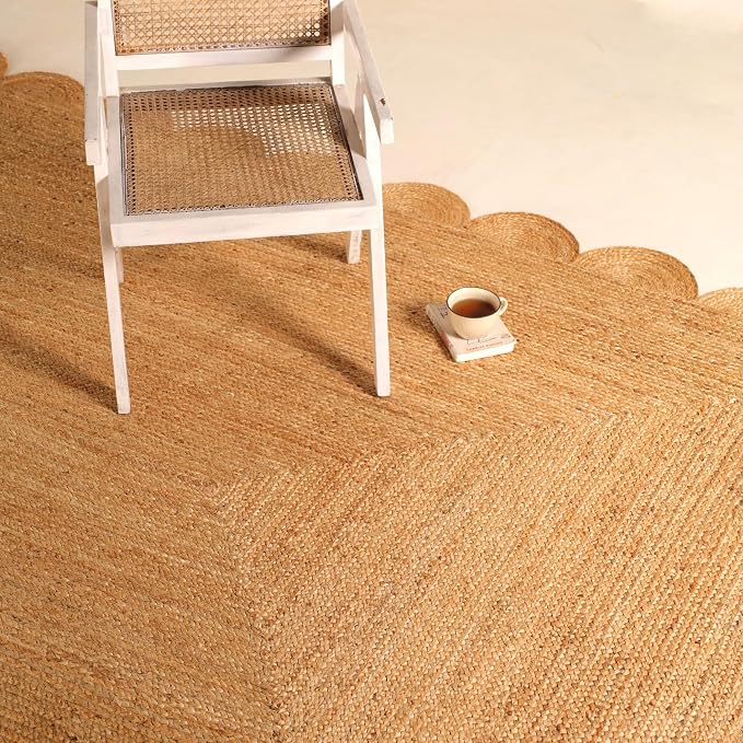 Scalloped Natural Jute Area Rug 6x9ft Handwoven Natural Living Room Bedroom