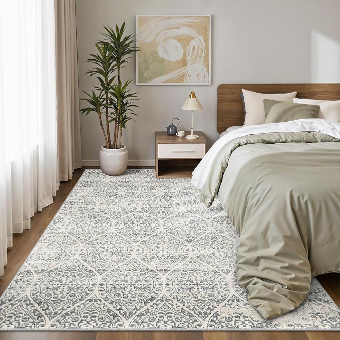 Soalmost 6x9 Area Rugs for Living Room, Washable Moroccan Trellis Soft Rug | Non-Slip Low Pile Rug Soft Throw Carpet for Dining Room Bedroom Home Office Nursery Grey, 6'x9'