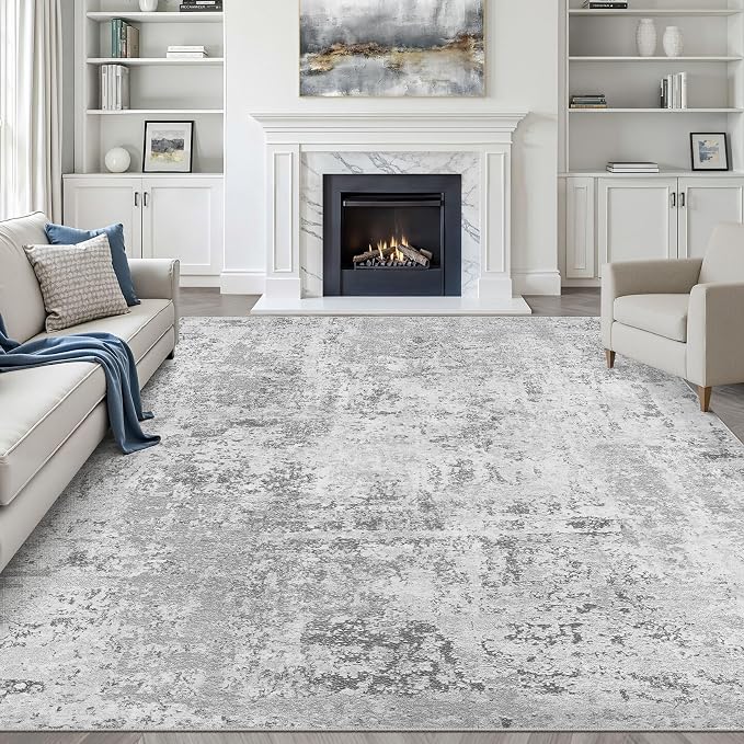9x12 Area Rug Living Room: Washable Large Neutral Rug Abstract Soft Modern Stain Resistant Indoor Floor Non-Slip Carpet for Bedroom Nursery Kids Office Playroom Dining Room Under Table- Light Gray