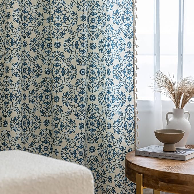 Blue Floral Curtains 72 Inches Long, Boho Farmhouse Light Filtering Rod Pocket Drapes with Tassel Trim for Bedroom Living Room, 2 Panels