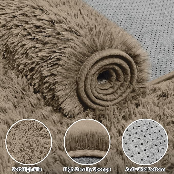 4x6 Area Rug for Living Room, Ultra Soft Fluffy Shag Rugs for Bedroom, Non-Slip Large Fuzzy Plush Rug Indoor Floor Carpet for Nursery Kids Office Dorm Modern Decor, Gray Camel