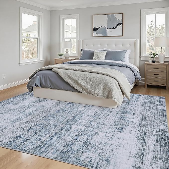 6x9 Area Rugs Living Room Rug Modern Abstract Neutral Washable Rugs Non Slip Soft Carpet Large Area Rug Low Pile Stain Resistant Non Shedding for Bedroom Nursery Dining Room Home Office Gray Blue