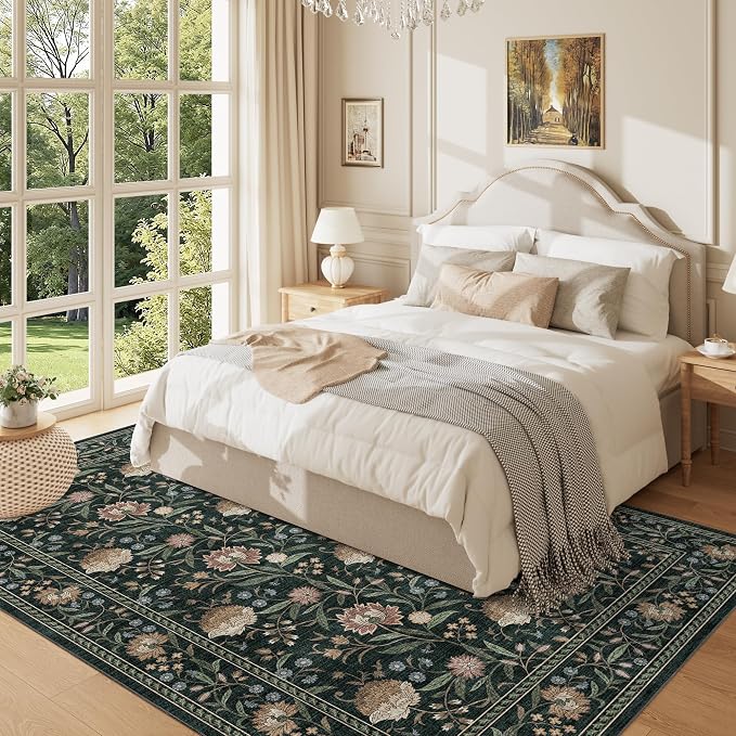 DUKINO 5x7 Area Rug, Vintage Floral Washable Rug for Living Room Dark Green | Non Slip, Low Pile, Non-Shedding, Stain Resistant Lightweight Boho Soft Carpet for Bedroom Home Office Dining Room Farmhouse