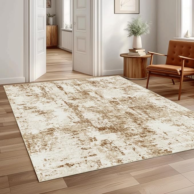 FMFUNCTEX 4x6 Washable Area Rug Brown Beige Abstract Modern Neutral Non Slip Low Pile Indoor Carpet Soft Thin Throw Rug for Entryway Entrance Living Room Bedroom Dining Office Nursery Kitchen Laundry | Washable, Non Slip, Low Pile, Soft Thin, Indoor Ca...