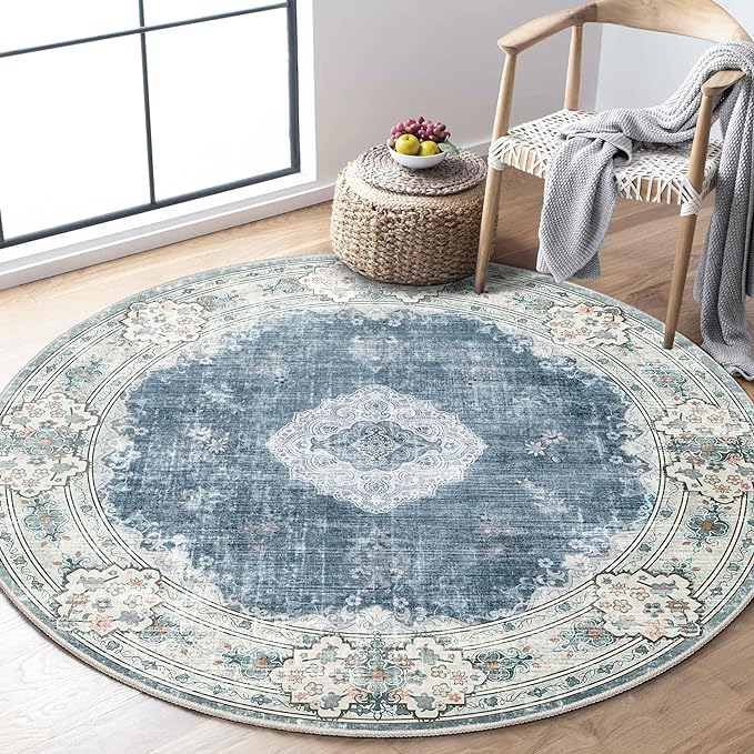 MUJOO Blue Round Rug 4ft Small Circle Washable Area Rug Non Slip Floral | Circular Rugs for Bedroom Living Room Entryway Bathroom Bedroom Throw Carpet Boho Soft Low Pile Indoor Flowers Blue and Grey