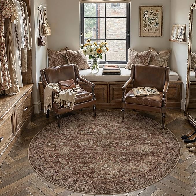 HUGEAR 6x6 Round Rugs Rust Red Washable Rug for Living Room Bedroom Large Neutral Vintage Rug Carpet Distressed Soft Durable Non Slip No Shedding for Indoor Dining Nursery Farmhouse