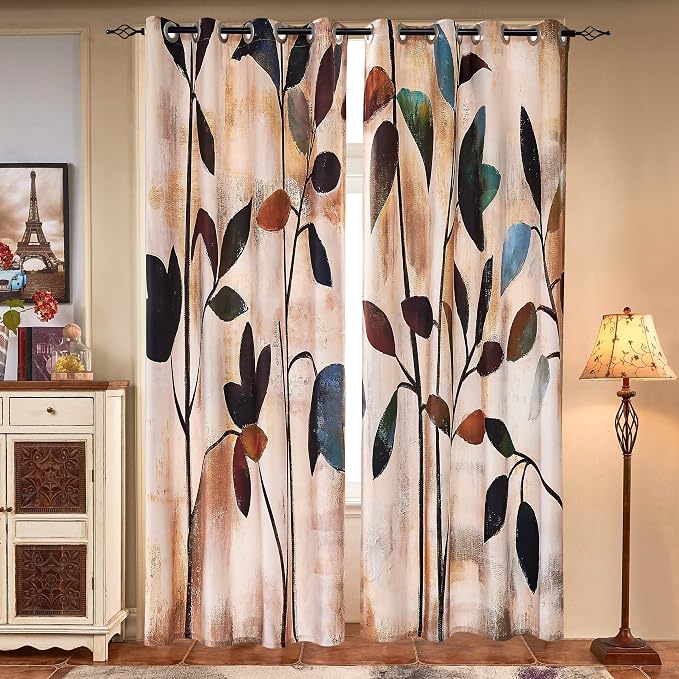 SUBRTEX Light Flitering Curtains 52Wx72L, Room Darkening Vibrant Floral Drapes, 50% Blackout, Semi Sheer Boho Farmhouse Curtains for Living Room, Brown