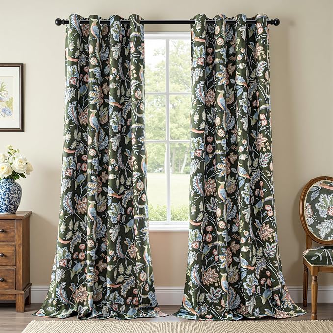 MYSKY HOME Floral Blackout Curtains & Drapes 95 inch Curtains 2 Panel Set for Living Room Bedroom Vintage Farmhouse Thermal Insulated Privacy Protect Curtain with Pattern Bird Printed, 52", Green