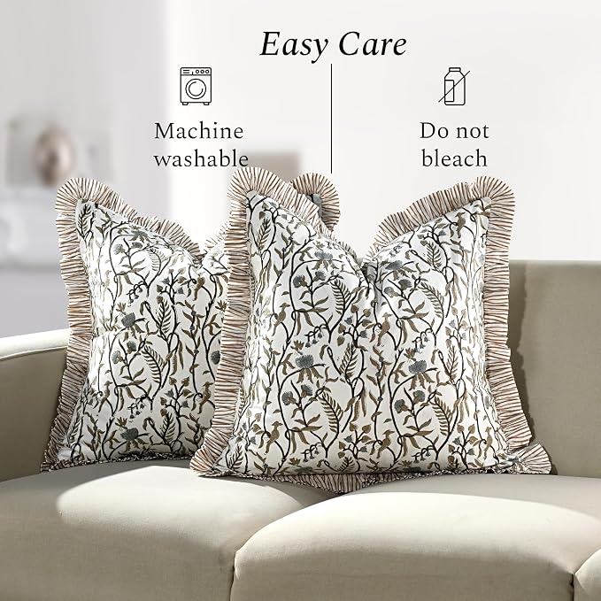 CPC Cocoa Vine Hand Block Print 100% Cotton Ruffle Throw Pillow Cover 18x18 inch with Hidden Zipper Decorative for Couch, Bed, Sofa, Farmhouse, Cottagecore Decor Gift Christmas Fall Thanksgiving