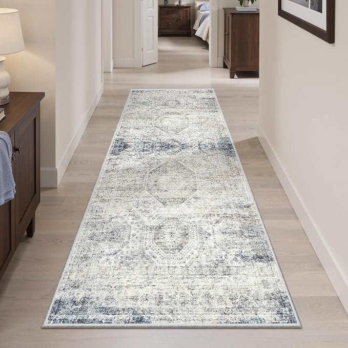 Soalmost Runner Rug 2x6 Washable Non-Slip Kitchen Runner Rugs for Bathroom Laundry Room Blue Ivory Vintage Floor Carpet Runners for Hallway Entryway