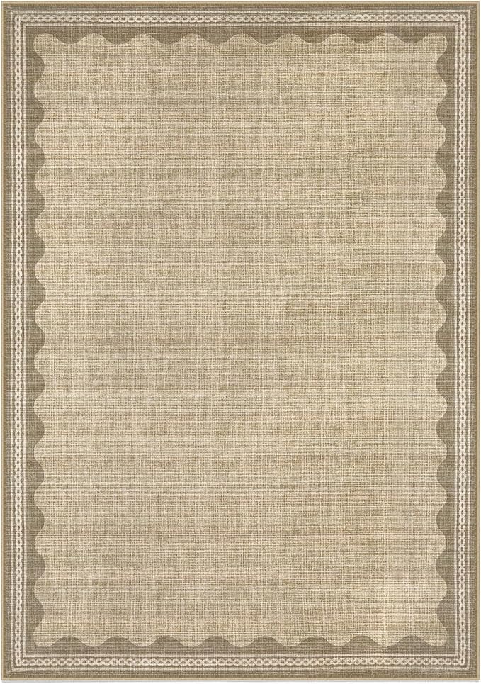 5x7 Scalloped Area Rugs Jute Washable Living Room Bedroom Rug | Solid Tan Rug for Bedroom Girls, Non Slip Throw Carpet With Rubber Back, Soft Dorm Nursery Scalloped Rugs for Dining Room