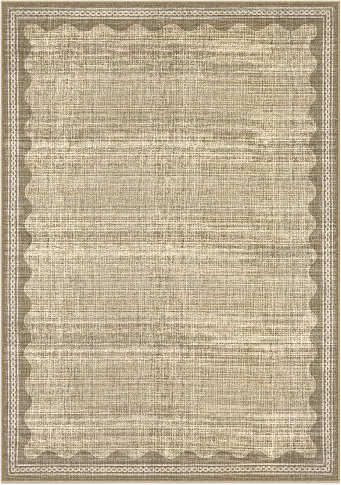 8x10 Scalloped Area Rugs Jute Washable Living Room Bedroom Rug | Solid Tan Rug for Bedroom Girls, Non Slip Throw Carpet With Rubber Back, Soft Dorm Nursery Scalloped Rugs for Dining Room