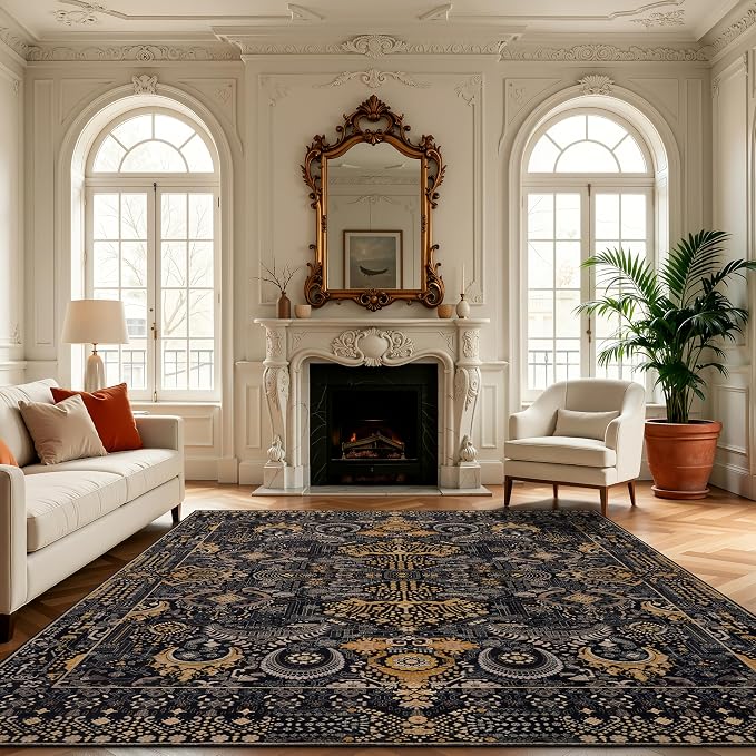 Ruaruarug Area Rug 8'×10', Non Slip Machine Washable Ultra Soft Stain & Fade Resistant, Pet & Kids Friendly, for Living Room/Bedroom/Kitchen/Classroom, Black and Gold