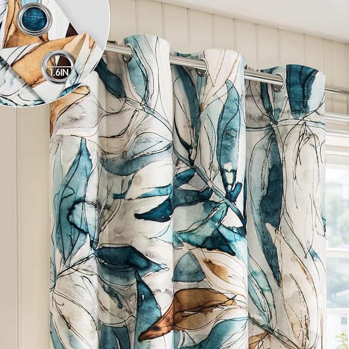 SUBRTEX Blackout Curtains 52Wx108L, Room Darkening Floral Curtains, Thermal Insulated 2 Panels Window Drapes, Boho Farmhouse Curtains for Living Room Bedroom Window Treatments, Blue