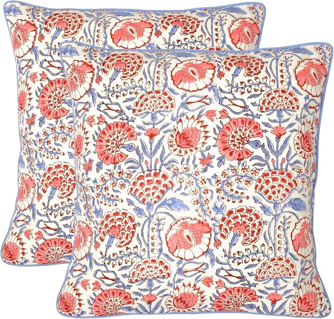 Ridhi Block Print Flamingo Pink Pillow Cover 18" x 18" (Pack of 2) Decorative Couch Pillows for Living Room, Chic Boho Cute Outdoor Pillows Covers Gifts for Spring, Easter and Valentine