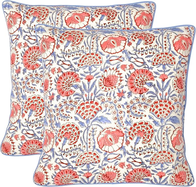 Ridhi Block Print Flamingo Pink Pillow Cover 16" x 16" (Pack of 2) Decorative Couch Pillows for Living Room, Farmhouse Chic Boho Cute Outdoor Pillows Covers Gifts for Spring, Mother's Day