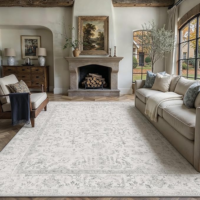 8x10 Grey Neutral Living Room Area Rug | Washable, Low Pile, Accent, Vintage, Soft, Non Slip, Carpet for Bedroom Dining Room Nursery Office Indoor Home Decor