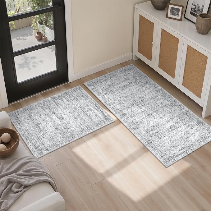 Kitchen Rugs Sets of 2, 2x3 2x4 Rug Runner,Grey | 2 Piece Washable Rug for Hallway,Entryway,Bedroom,Dining Room,Thin,Soft Runner Rug,Stain Resistant Indoor Carpet,Non Slip