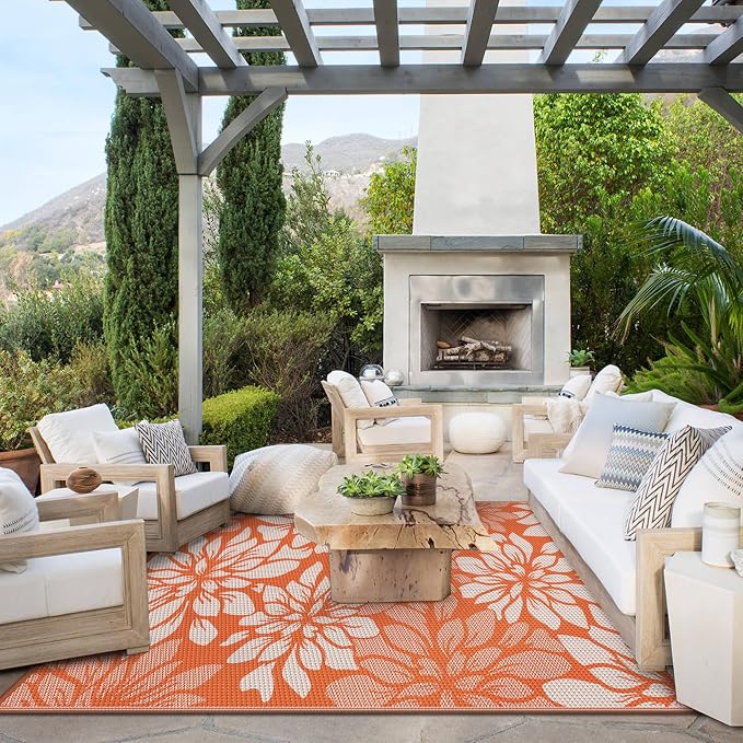 GENIMO Outdoor Rug, Waterproof Plastic Rugs for Patio, 6'x9' Orange Beige | Outside Larger Leaf Carpet Mat for Porch Decor, Deck, Balcony, Camping, RV, Backyard, Picnic, Beach, Reversible, Foldable