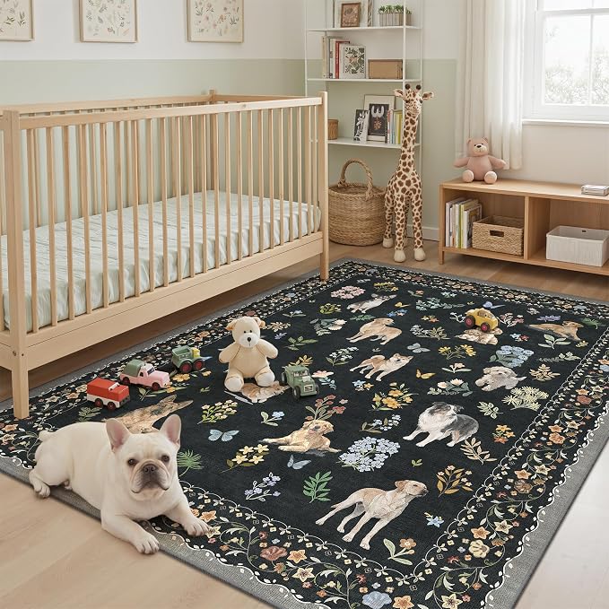 Soalmost Dog 5x7 Area Rugs for Living Room, Washable Animal Soft Rug Black | Floral Vintage Non-Slip Low Pile Cute Throw Rugs for Kitchen Dining Room Bedroom Nursery Playroom 5' x 7'