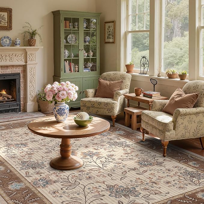 GarveeHome 4x6 Brown Washable Area Rug for Nursery Room, French Country Floral Bedroom Rug Non Slip Low Pile Carpet Stain Resistant Throw Rug for Bedside Kids Room Office Dining Room