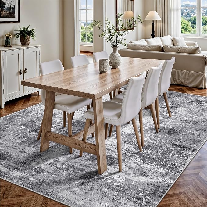Living Room Rug 6x9, Abstract Modern Ultra Soft Washable Rug, Non Slip Carpet with Rubber Back Stain Resistance Rugs for Bedroom, Dining Room Decor(Black & Grey)