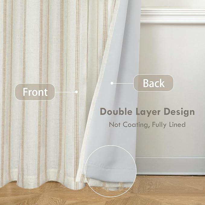 DriftAway Farmhouse Linen Stripe Blackout Curtains, Grommet, W52xL96, Beige | Blackout, Linen Texture, Stripe Pattern, Rod Pocket & Back Tab, Two Layers, Bedroom Living Room Use, Sound Reducing Design