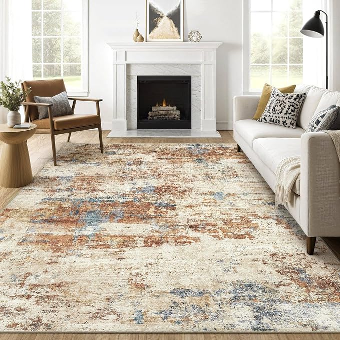 7x9 Area Rug Washable Rug: Large Abstract Modern Soft Stain Resistant Indoor Floor Non-Slip Accent Carpet for Living Room Bedroom Nursery Playroom Dining Room Office Dorm Home House- Blue Orange