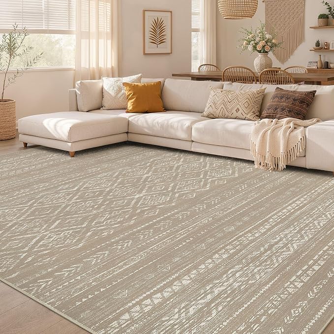 Nakagishi Area Rug Living Room Rugs: 8x10 Large Soft Machine Washable Boho Moroccan FarmNeutral Stain Resistant Indoor Floor Carpet for Bedroom Under Dining Table Home Office Decor-Dark Brown