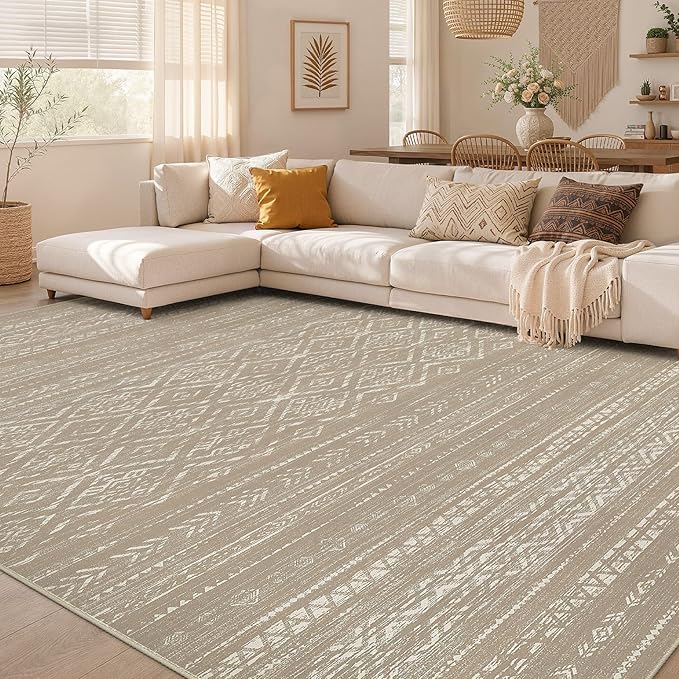 Nakagishi Area Rug Living Room Rugs: 10x12 Large Soft Machine Washable Boho Moroccan FarmNeutral Stain Resistant Indoor Floor Carpet for Bedroom Under Dining Table Home Office Decor-Dark Brown