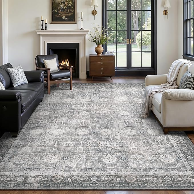 5x7 Area Rugs, Soft Non Slip Low Pile Washable Rug, Boho Modern Rug for Living Room, Bedroom, Dining Room, Distressed Grey