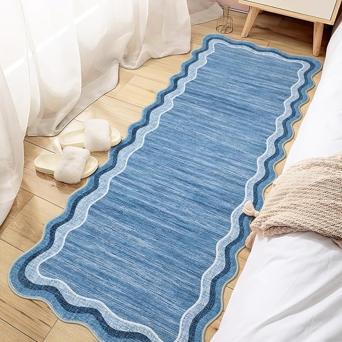 Garvee Washable Runner Rug 2x6 Scalloped Rugs for Bathroom Modern Kitchen Hallway Rugs Stain-Resistant Non-Slip Solid Rug Soft Scalloped Entryway Carpet Runner for Bathroom Laundry Bedside(Blue,2x6ft) | Modern Long Runner Rug for Entryway Bedroom, Non ...