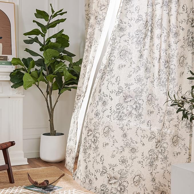 jinchan Black Floral Linen Curtains 90 Inch Vintage Back Tab 2 Panels | Light filtering drapes, semi sheer, farmhouse, cottagecore, rustic, living room, bedroom, rod pocket, window treatment