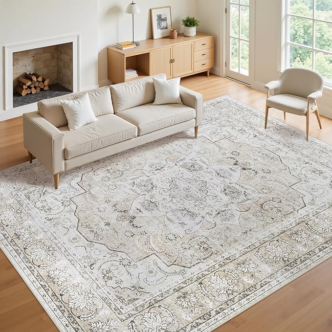 9x12 Area Rugs for Living Room:Beige Washable Vintage Medallion Carpet Non-Slip Soft Low Pile Large Rugs Indoor Retro Rug for Bedroom Nursery Dining Table Office Home(Beige White, 9'x12')