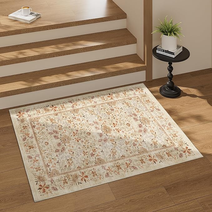 DUKINO 2x3 Entryway Rug, Washable Vintage Floral Area Rug, Beige | Non Slip, Low Pile, Non-Shedding, Soft Indoor Door Mat, Small Front Door Throw Carpet for Bathroom Kitchen Entrance Bedroom