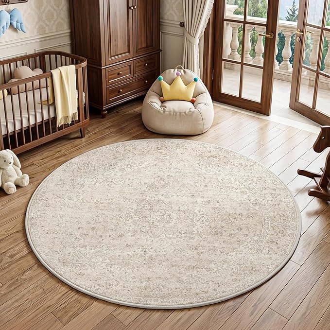 FMFUNCTEX 5ft Round Washable Area Rug Beige Vintage Neutral Oriental Distressed Non Slip Carpet for Living Room Bedroom Soft Low Pile Indoor Mat Retro Cream Rug for Dining Room Office Nursery Bedside