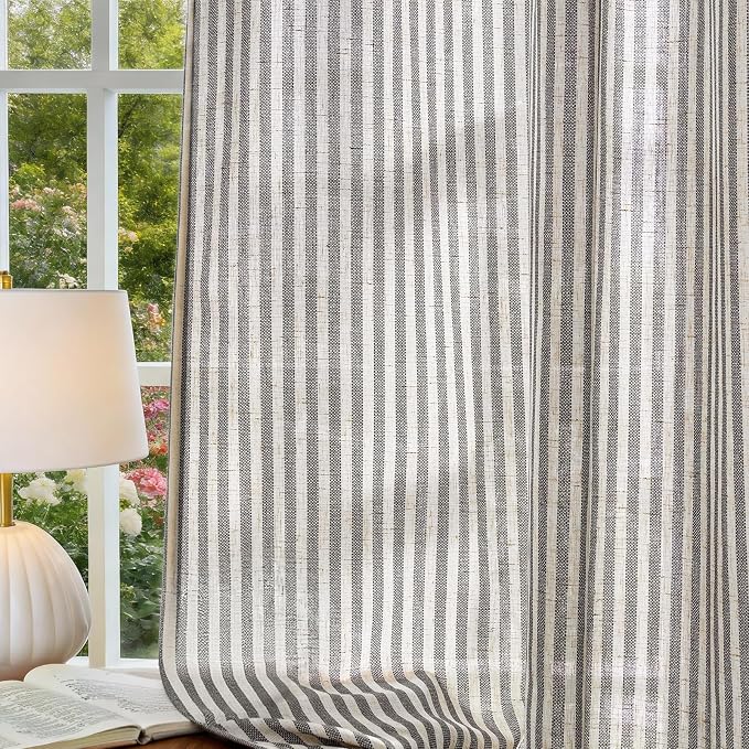 Vangao Linen Striped Curtains for Living Room Bedroom Farmhouse Tickingstripe Light Filtering Window Curtains Printed Drapes Grommet Top 2 Panels Charcoal Grey W50 x L84 Inch