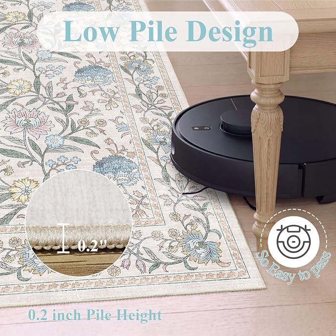 DUKINO 2x4 Rug, Washable Vintage Floral Entryway Rug Non Slip, Cream Blue | Low Pile, Non-Shedding, Stain Resistant Boho Lightweight Soft Indoor Carpet for Kitchen Bathroom Hallway Laundry Farmhouse
