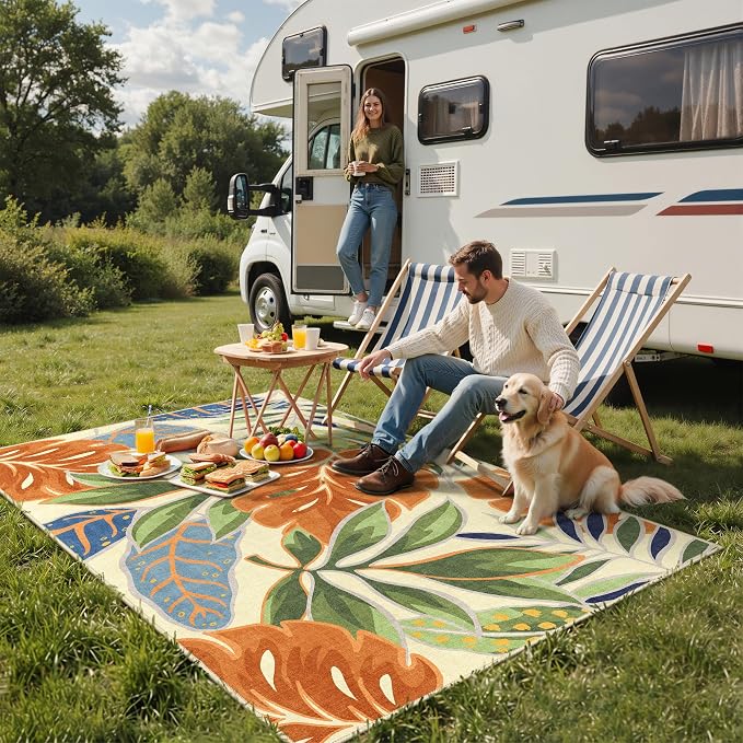 GENIMO 8x10 Outdoor Rug, Washable Quick Dry for Patio, Rust Sage | Botanical leaf design for backyard; fade resistant chenille with quick-dry non-slip backing for indoor living rooms.