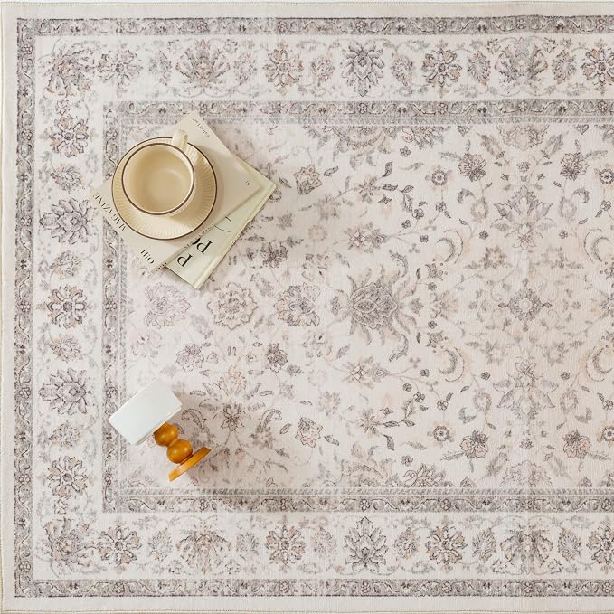 PureCozy 8x10 Area Rug Beige Washable Vintage Carpet Living Room Bedroom Large Non Slip Stain Soft Resistant Low Pile Thin Boho Accent Indoor Throw Rug for Dining Room Office