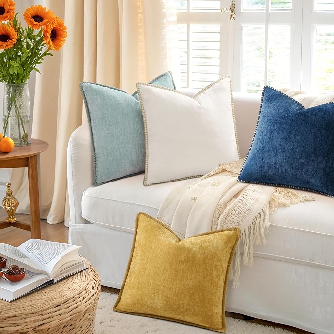 decorUhome Fall Soft Decorative Chenille Throw Pillow Covers 18x18 Set of 4 | Aqua Blue Cozy Decorative Modern Farmhouse Neutral Pillow Cases with Stitched Edge for Couch Sofa Bed Living Room Home Decor