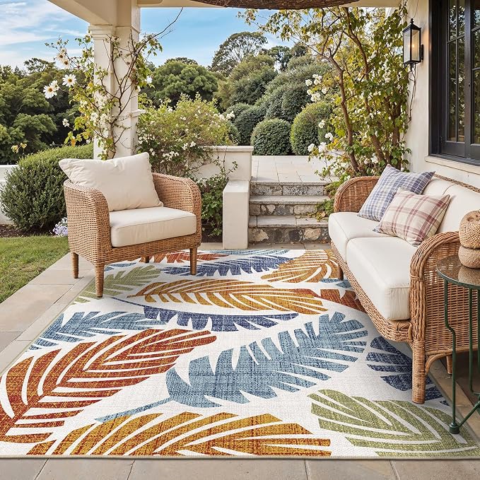 GENIMO 6x9 Outdoor Rug, Washable for Patio and Deck, Leaf Rust Navy | Botanical leaf design for dining area; fade resistant chenille with quick-dry non-slip backing for indoor sunroom.