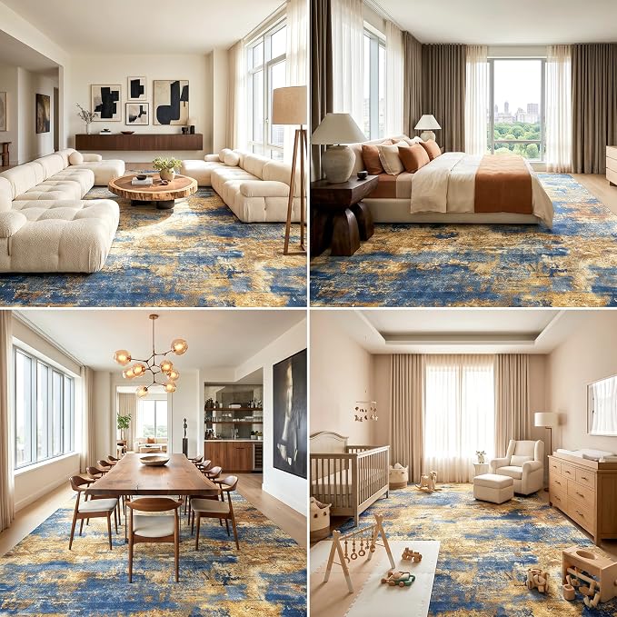 Extra Large Washable Area Rug for Living Room, 9'x12', Navy & Gold | 0.3" Low Pile, Abstract Carpet, Cotton-Backed Non-Slip Silicone Backing, Pet Friendly, Water & Stain Resistant