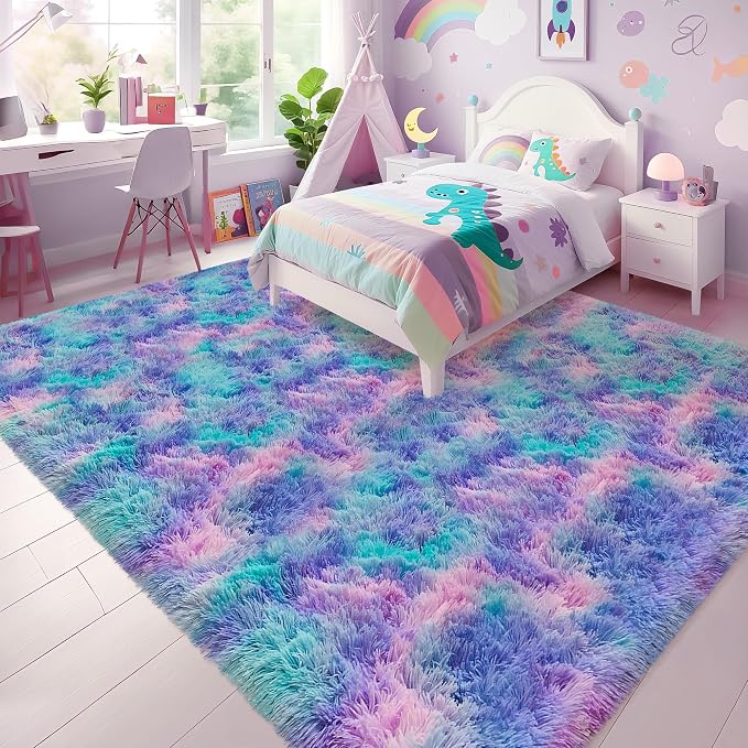 Purple Rainbow Fluffy Soft Area Rug 8x10 ft Plush Furry Rugs for Girls Bedroom Kawaii Shaggy Rug for Living Room Fuzzy Nursery Rug for Baby Toddler's Room Cute Colorful Room Decor for Kids