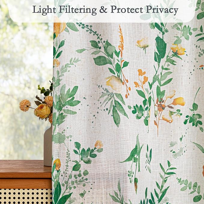 MYSKY HOME Linen Floral Curtains 63 inches Long 2 Panels Set for Bedroom, Sage Green Curtains Light Filtering Privacy Protect Farmhouse Style Decorative Drapes Back Tab for Home, 50" Wide Each Panel